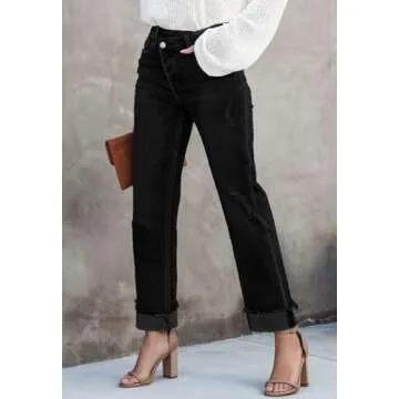 AIIYYQB Womens Distressed Straight Leg Crossover Boyfriend Jeans Stretchy High Rise Tummy Control Jeans