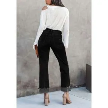 AIIYYQB Womens Distressed Straight Leg Crossover Boyfriend Jeans Stretchy High Rise Tummy Control Jeans