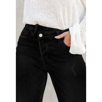 AIIYYQB Womens Distressed Straight Leg Crossover Boyfriend Jeans Stretchy High Rise Tummy Control Jeans