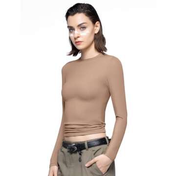 PUMIEY Women's Long Sleeve T Shirts Crew Neck Slim Fit Going Out Tops for Women Sexy Basic Tee, Taffy Large