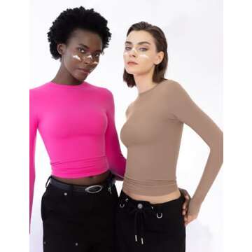 PUMIEY Women's Long Sleeve T Shirts Crew Neck Slim Fit Going Out Tops for Women Sexy Basic Tee, Taffy Large