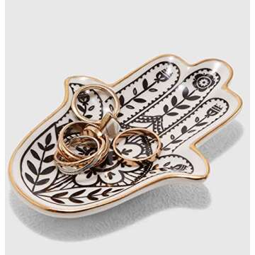 MADE BY LUCKY Jewelry Trinket Ring Dish Ceramic Hamsa Evil Eye Hand of Fatima Holder Key Ashtary Tri...