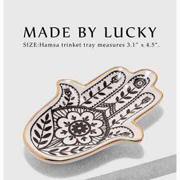 MADE BY LUCKY Jewelry Trinket Ring Dish Ceramic Hamsa Evil Eye Hand of Fatima Holder Key Ashtary Trinket Plate Bowl Small Boho Home Decorative Cute Decor Jewelry Tray Dish Gift Mom Brithday
