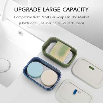 AIDIMMING Silicone Enhanced Leak Proof Travel Soap Case, Vented Shampoo Bar Holder, Large Bar Soap Box, Portable Soap Dish with Draining Layer, Keep Soap Dry (Offwhite& Green)
