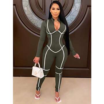 XXTAXN Women's Sexy Bodycon Stitching Long Sleeve Going Out Rompers Jumpsuit Olive