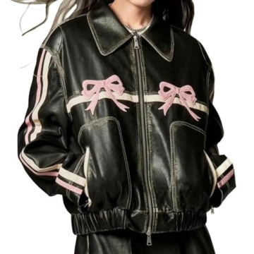 Y2K PU Leather Jacket with Polo Neck for Women