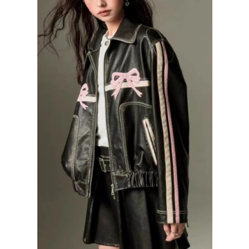 Y2K PU Leather Jacket with Polo Neck for Women