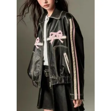 Y2K PU Leather Jacket with Polo Neck for Women