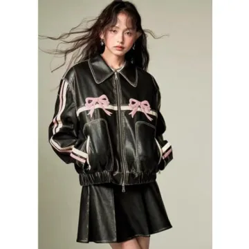 Y2K PU Leather Jacket with Polo Neck for Women