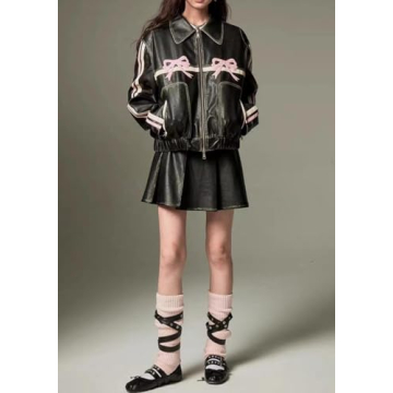 Y2K PU Leather Jacket with Polo Neck for Women