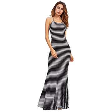 SheIn Women's Floral Strappy Backless Summer Evening Party Maxi Dress White Stripes Medium