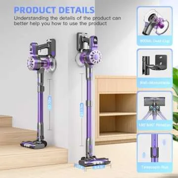 WLOTPO Cordless Vacuum Cleaner,Vacuum Cleaners for Home with Super Suction,Stick Vacuum Cleaner Rechargeable Up to 35 Mins Runtime,Lightweight Hardwood Floor Vacuum for Pet Hair,Carpet(Light Purple)