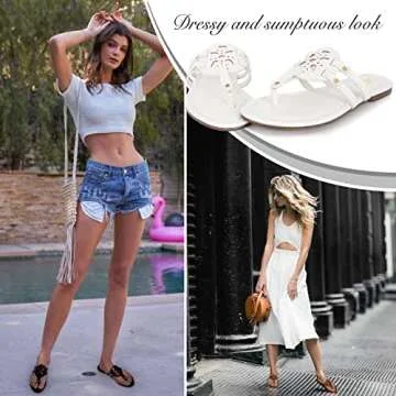 Athlefit Womens Flat Sandals Leather Casual Slip on Comfortable Flip Flops Thong Beach White Sandal Dressy Size 11