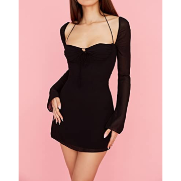 Elegant Women Ruched Mini Dress with Chiffon Sleeves