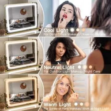 FENNIO Gold Vanity Mirror with Lights 22"x19", LED Lighted Makeup Mirror, Large Makeup Mirror, Make ...