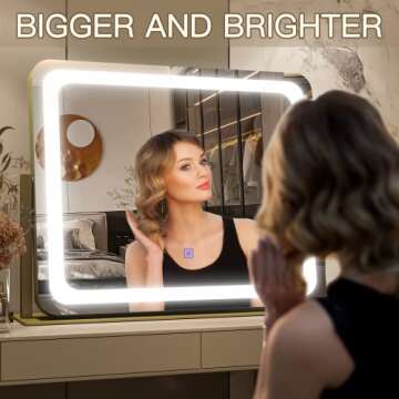 FENNIO Gold Vanity Mirror with Lights 22"x19", LED Lighted Makeup Mirror, Large Makeup Mirror, Make up Mirror with Lighting,Touch Screen with 3-Color Lighting,Dimmable,for Vanity Desk Tabletop