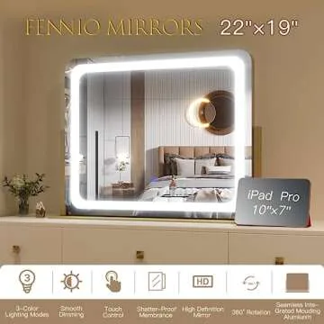 FENNIO Gold Vanity Mirror with Lights 22"x19", LED Lighted Makeup Mirror, Large Makeup Mirror, Make up Mirror with Lighting,Touch Screen with 3-Color Lighting,Dimmable,for Vanity Desk Tabletop