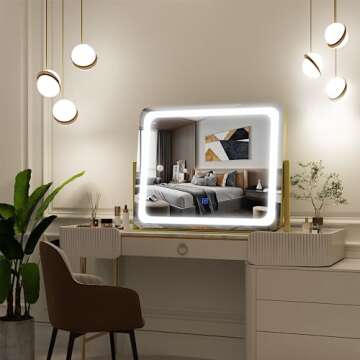 FENNIO Gold Vanity Mirror with Lights 22"x19", LED Lighted Makeup Mirror, Large Makeup Mirror, Make up Mirror with Lighting,Touch Screen with 3-Color Lighting,Dimmable,for Vanity Desk Tabletop