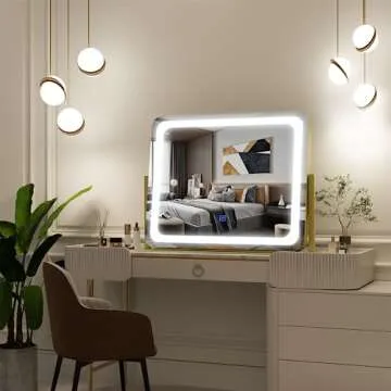 FENNIO Gold Vanity Mirror with Lights 22"x19", LED Lighted Makeup Mirror, Large Makeup Mirror, Make up Mirror with Lighting,Touch Screen with 3-Color Lighting,Dimmable,for Vanity Desk Tabletop