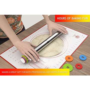 Rolling Pin And Silicone Baking Pastry Mat Set - Rolling Pins With Adjustable Thickness Rings - Stainless Steel Dough Roller For Baking Fondant, Pizza, Pie, Pastry, Pasta, Cookies With Red Mat