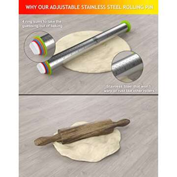 Rolling Pin And Silicone Baking Pastry Mat Set - Rolling Pins With Adjustable Thickness Rings - Stainless Steel Dough Roller For Baking Fondant, Pizza, Pie, Pastry, Pasta, Cookies With Red Mat