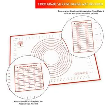 Rolling Pin And Silicone Baking Pastry Mat Set - Rolling Pins With Adjustable Thickness Rings - Stainless Steel Dough Roller For Baking Fondant, Pizza, Pie, Pastry, Pasta, Cookies With Red Mat