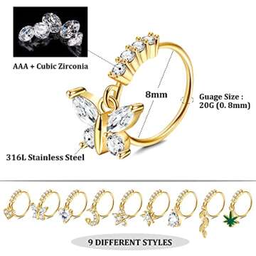 Sanfenly 9Pcs Dangle Nose Rings Hoops for Women Men 20G Stainless Steel Nose Piercing Jewelry Pink C...