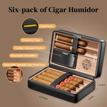 Black Cigar Humidor Box Leather Travel Cedar Wood Cigar Case with Cigar Lighter Cigar Holder and Cig...