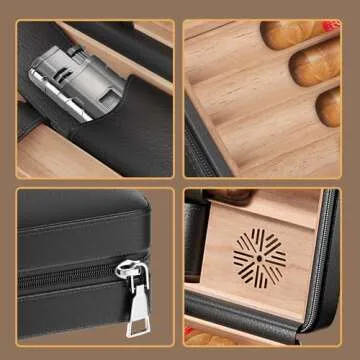 Black Cigar Humidor Box with Lighter and Accessories