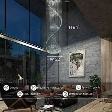 7PM Crystal Chandelier, Modern Large Spiral Raindrop Chandeliers, Flush Mount Pendant Light Fixture, Big Chandelier for High Ceiling, Entryway, Staircase, Foyer, Entrance D31.5 X H94.5