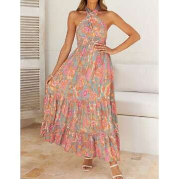 ZESICA Women's 2025 Summer Crossover Halter Neck Sleeveless Plaid Cut Out Backless Flowy A Line Maxi Dress,GreyGreen,Large