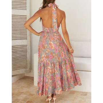 ZESICA Women's 2025 Summer Crossover Halter Neck Sleeveless Plaid Cut Out Backless Flowy A Line Maxi Dress,GreyGreen,Large