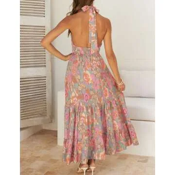 ZESICA Women's 2025 Summer Crossover Halter Neck Sleeveless Plaid Cut Out Backless Flowy A Line Maxi Dress,GreyGreen,Large