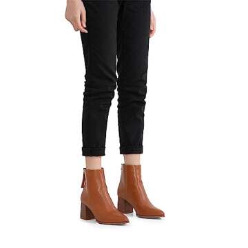 Jeossy Women's Brown Chunky Heeled Ankle Boots, Pointed Toe Stacked Block Heel 9635 Booties with Zipper Size 8.5 (DJY9635 Brown 08.5)