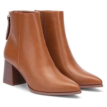 Jeossy Women's Brown Chunky Heeled Ankle Boots, Pointed Toe Stacked Block Heel 9635 Booties with Zipper Size 8.5 (DJY9635 Brown 08.5)