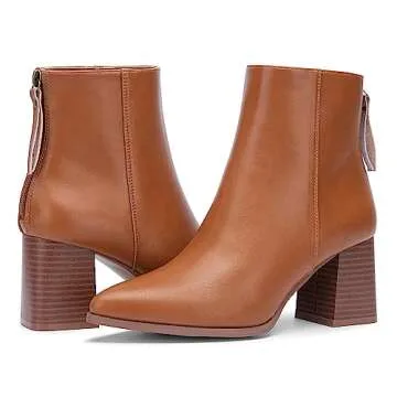 Jeossy Women's Brown Chunky Heeled Ankle Boots, Pointed Toe Stacked Block Heel 9635 Booties with Zipper Size 8.5 (DJY9635 Brown 08.5)