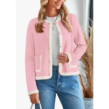 PRETTYGARDEN Women's Winter Trendy Button Down Open Front Cardigan Sweaters Knit Color Block Jackets Fall Fashion Clothes (Pink,Medium)