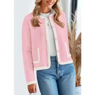 PRETTYGARDEN Women's Winter Trendy Button Down Open Front Cardigan Sweaters Knit Color Block Jackets Fall Fashion Clothes (Pink,Medium)