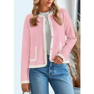 PRETTYGARDEN Women's Winter Trendy Button Down Open Front Cardigan Sweaters Knit Color Block Jackets Fall Fashion Clothes (Pink,Medium)