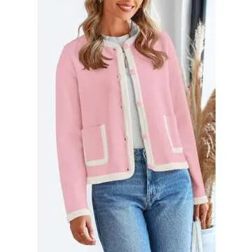PRETTYGARDEN Women's Winter Trendy Button Down Open Front Cardigan Sweaters Knit Color Block Jackets Fall Fashion Clothes (Pink,Medium)
