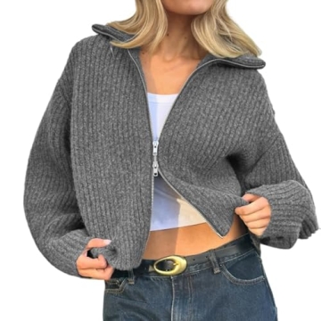 Bosloga Chunky Cable Knit Cardigan Sweaters for Women Double Zip Up Jackets Loose Ribbed Pullover Sp...