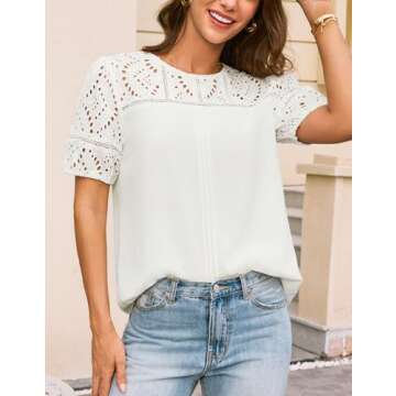 GRACE KARIN Women's Casual Tops Short Sleeve Eyelet Embroidered Summer Trendy Shirts Crewneck Croche...