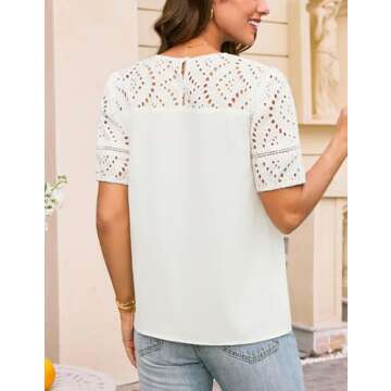 GRACE KARIN Women's Casual Tops Short Sleeve Eyelet Embroidered Summer Trendy Shirts Crewneck Crochet Patchwork Blouses White Small