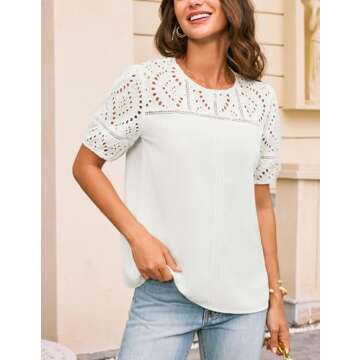 GRACE KARIN Women's Casual Tops Short Sleeve Eyelet Embroidered Summer Trendy Shirts Crewneck Crochet Patchwork Blouses White Small