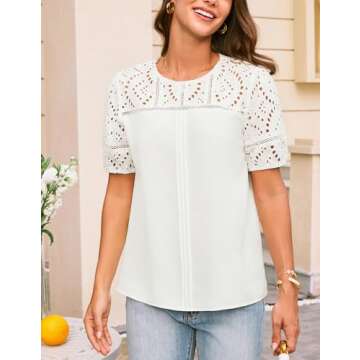 GRACE KARIN Women's Casual Tops Short Sleeve Eyelet Embroidered Summer Trendy Shirts Crewneck Crochet Patchwork Blouses White Small