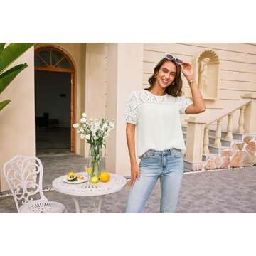 GRACE KARIN Women's Casual Tops Short Sleeve Eyelet Embroidered Summer Trendy Shirts Crewneck Crochet Patchwork Blouses White Small