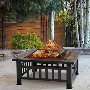 Fire Pit 32in Square Metal Firepit Patio BBQ Fireplace with Charcoal Rack Mesh Cover Poker for Campi...