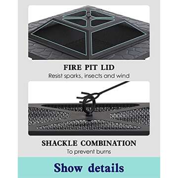 Fire Pit 32in Square Metal Firepit Patio BBQ Fireplace with Charcoal Rack Mesh Cover Poker for Camping Bonfire Picnic Outdoor Heating
