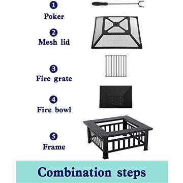 Fire Pit 32in Square Metal Firepit Patio BBQ Fireplace with Charcoal Rack Mesh Cover Poker for Camping Bonfire Picnic Outdoor Heating
