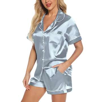 Women's Pajamas Set Button Short Sleeve Shirt with Shorts Set PJs Loungewear Light Blue,Small